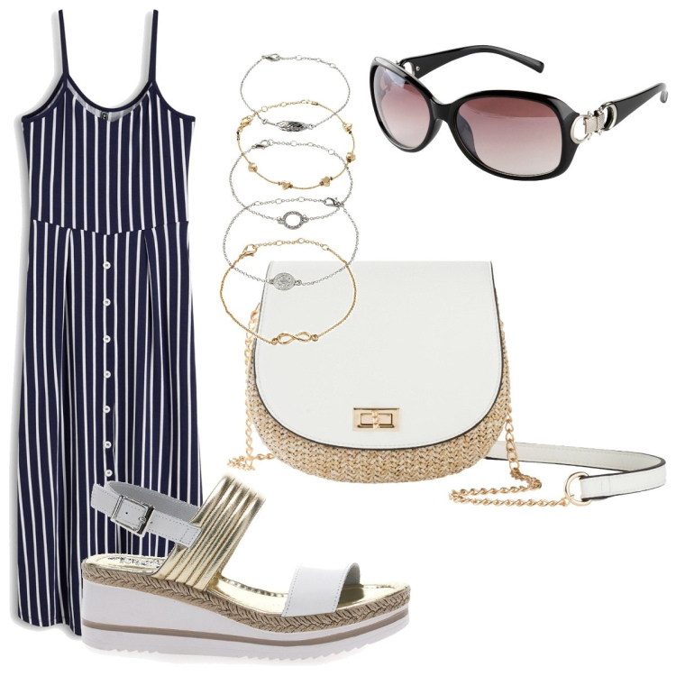Outfit donna - Curvy -Vacanze estive. Stile Boho per Mare. Abbinamento con braccialetti con ciondoli, borse a tracolla, vestiti midi/longuette, occhiali da sole, zeppe.
