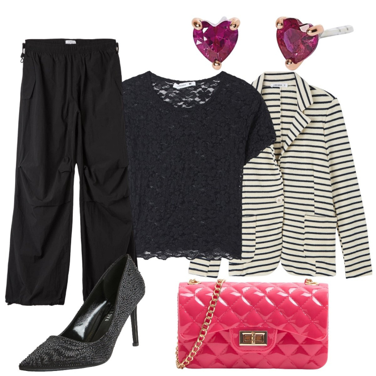 Outfit donna - Ritorno in ufficio. Stile Bon Ton per Ufficio. Abbinamento con borse a tracolla, blazer, t-shirt, pantaloni, décolleté, orecchini.