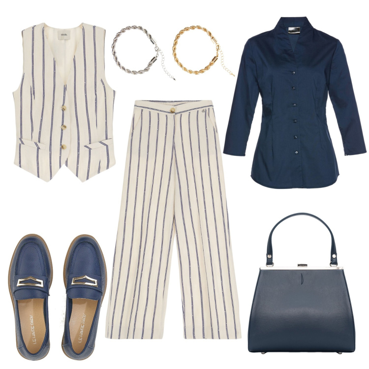 Outfit donna - Il completo per l’ufficio. Stile Glamour per Ufficio. Abbinamento con camicie, braccialetti, pantaloni, gilet, clutch, mocassini.