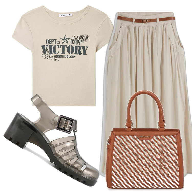 Outfit donna - Gipsy. Stile Boho per Tutti i giorni. Abbinamento con gonne lunghe, t-shirt, borse a mano, sandali col tacco.