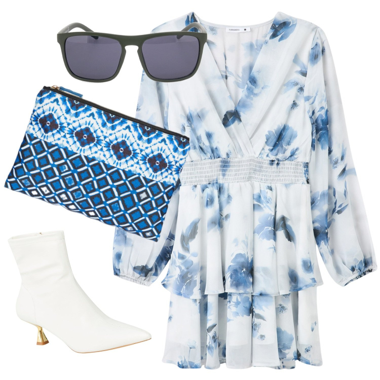 Outfit donna - Azzurra e romantica. Stile Boho per Serata fuori. Abbinamento con vestiti corti, stivaletti, pochette, occhiali da sole.