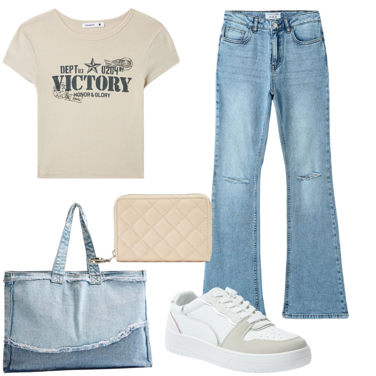Outfit donna - Back to... Terranova. Stile Basic per Tutti i giorni. Abbinamento con t-shirt, jeans a zampa, portafogli, shopping bag, sneakers.