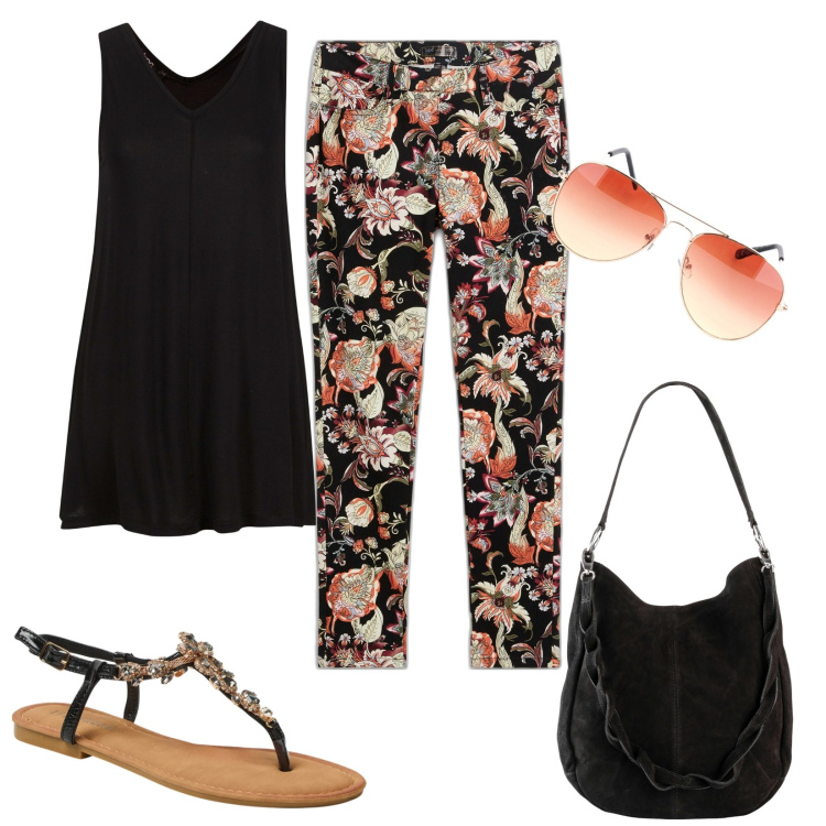 Outfit donna - Outfit estivo. Stile Boho per Tutti i giorni. Abbinamento con top, borse a mano, pantaloni, sandali gioiello, occhiali da sole.