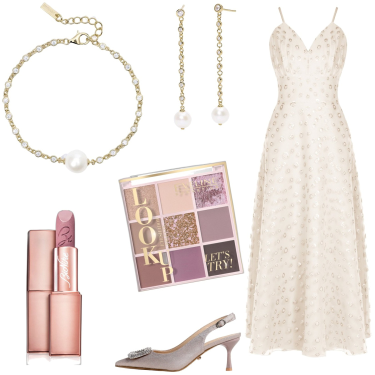 Outfit donna - Sposa di giorno a settembre. Stile Romantica per Cerimonia. Abbinamento con ombretti, rossetti, orecchini, braccialetti, vestiti lunghi, scarpe col tacco.