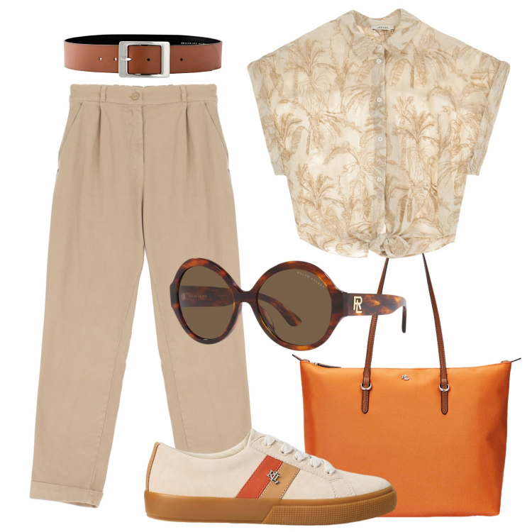 Outfit donna - Commissioni in città. Stile Trendy per Tutti i giorni. Abbinamento con cinture, pantaloni chino, camicie a manica corta, borse tote, sneakers, occhiali da sole.
