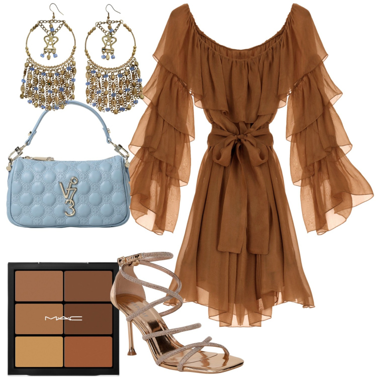 Outfit donna - Serata. Stile Glamour per Serata fuori. Abbinamento con correttori, sandali col tacco, vestiti corti, orecchini, borse a mano.