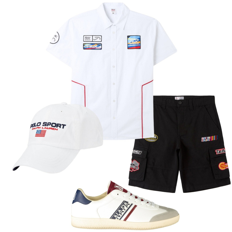 Outfit uomo - Total look #1942157. Stile Casual per Tutti i giorni. Abbinamento con bermuda, camicie a manica corta, cappelli, sneakers.