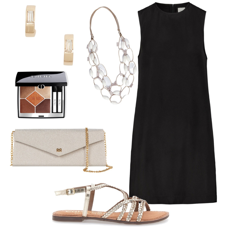 Outfit donna - Alla sera in centro con le amiche. Stile Chic per Serata fuori. Abbinamento con ombretti, pochette, orecchini, sandali, vestiti a tubino, collane.