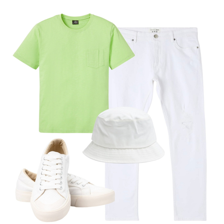 Outfit uomo - Total look #1942165. Stile Urban per Tutti i giorni. Abbinamento con t-shirt, jeans strappati, cappelli, sneakers.