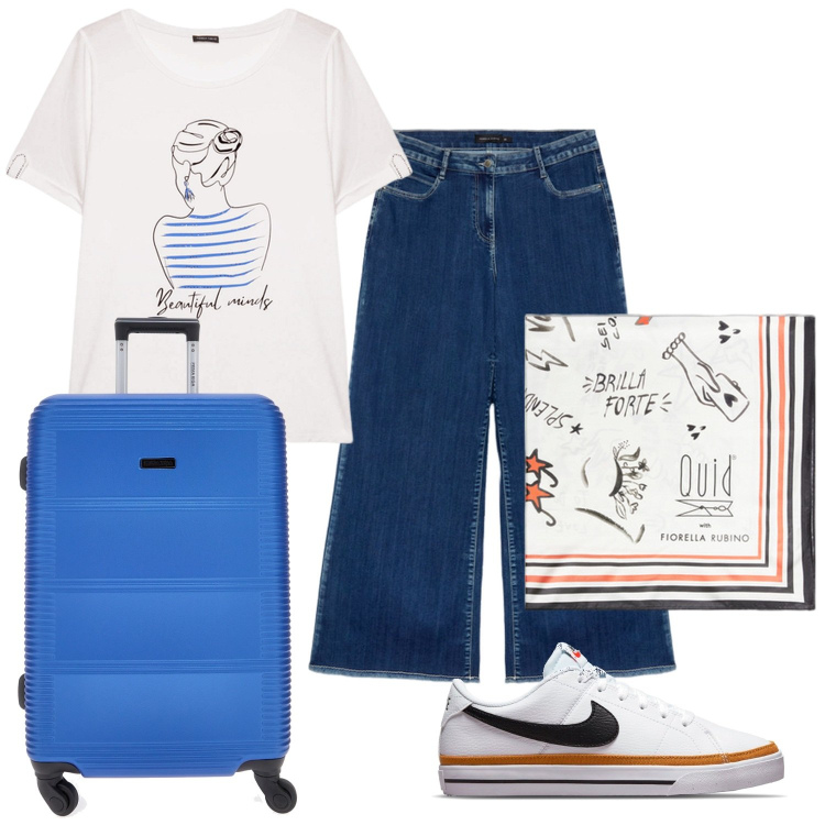 Outfit donna - Beautiful minds. Stile Boho per Tutti i giorni. Abbinamento con sneakers, jeans, t-shirt, valigie, foulard.