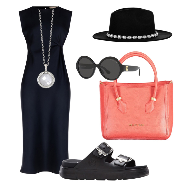 Outfit donna - Mix&Match total black e borsa corallo. Stile Trendy per Serata fuori. Abbinamento con ciabatte, collane, vestiti midi/longuette, cappelli, occhiali da sole, borse a spalla.