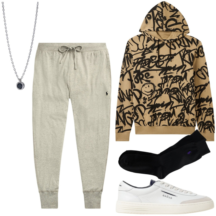 Outfit uomo - Total look #1942180. Stile Casual per Tutti i giorni. Abbinamento con felpe con cappuccio, collane, pantaloni, calzini, sneakers.