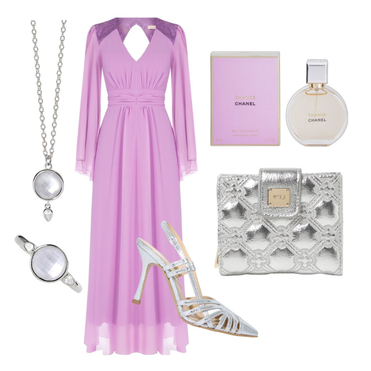 Outfit donna - Abito lilla e scarpe argento. Stile Chic per Cerimonia. Abbinamento con profumi, anelli, collane, vestiti lunghi, sandali in pelle, portafogli.