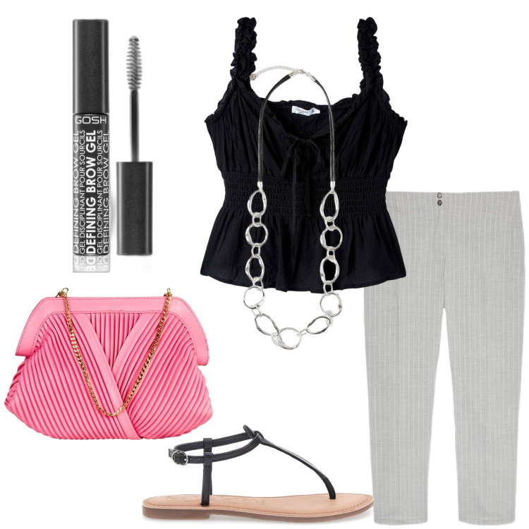 Outfit donna - Infradito e top. Stile Bon Ton per Tutti i giorni. Abbinamento con mascara, top, pochette, ciabatte, pantaloni, collane.