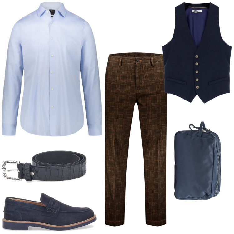 Outfit uomo - Total look #1942187. Stile Casual per Ufficio. Abbinamento con borse sportive, gilet, pantaloni, camicie, cinture, scarpe stringate.