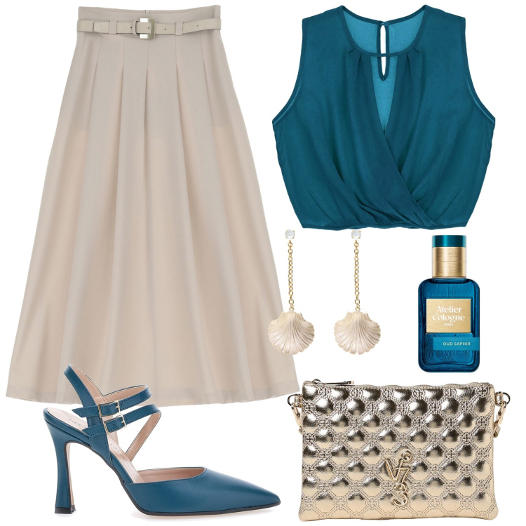 Outfit donna - Cerimonia. Stile Chic per Cerimonia. Abbinamento con profumi, gonne longuette, top, orecchini, décolleté, borse a tracolla.