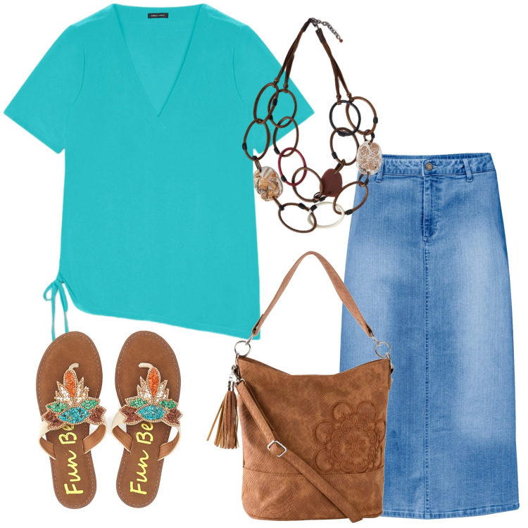 Outfit donna - Outfit per le vacanze. Stile Boho per Mare. Abbinamento con borse a mano, gonne longuette, infradito, t-shirt, collane.