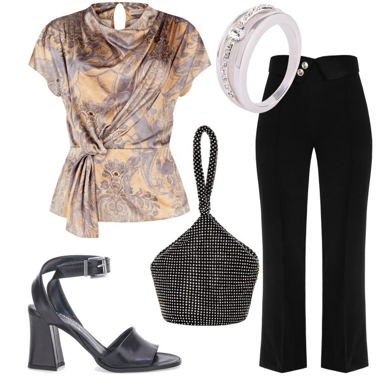 Outfit donna - Outfit per le vacanze. Stile Boho per Serata fuori. Abbinamento con anelli, bluse, pantaloni a palazzo, pochette, sandali in pelle.