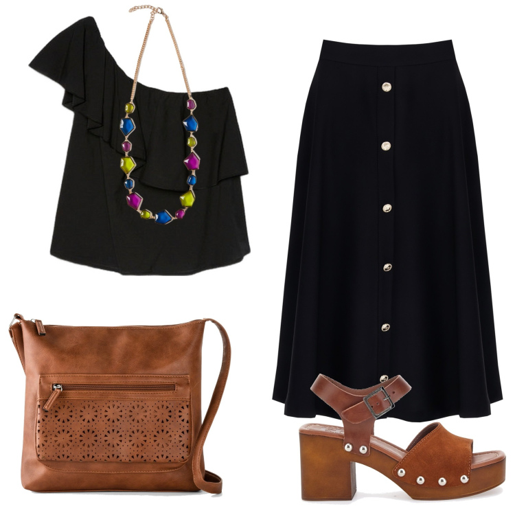 Outfit donna - Outfit per le vacanze. Stile Boho per Mare. Abbinamento con borse a tracolla, gonne longuette, sandali in pelle, top, collane.