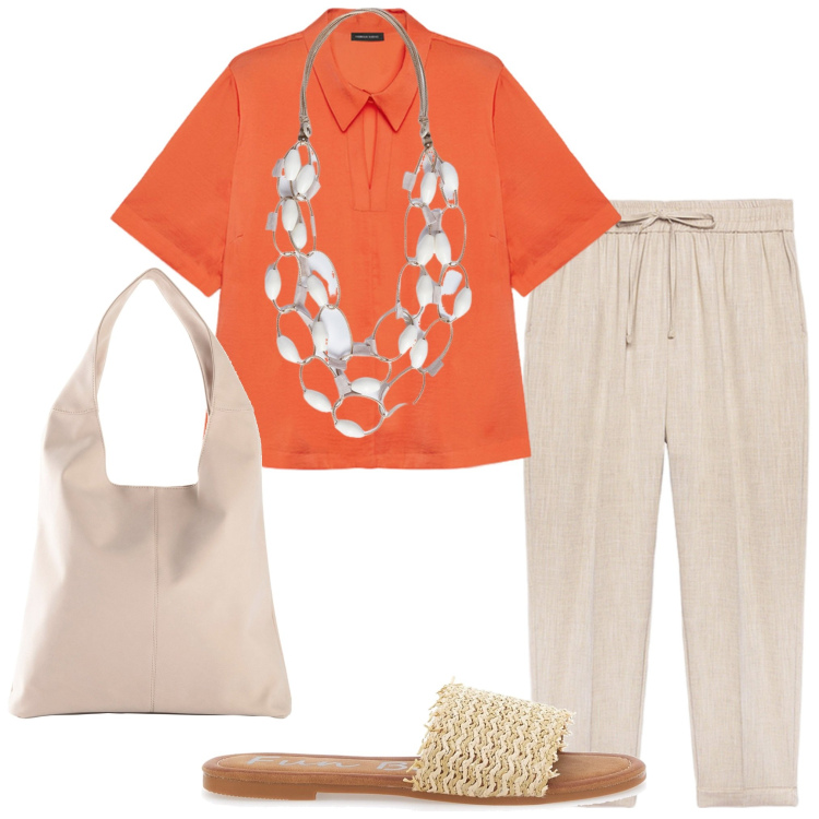 Outfit donna - Tessuti leggeri. Stile Boho per Tutti i giorni. Abbinamento con shopping bag, bluse, collane, pantaloni, ciabatte.