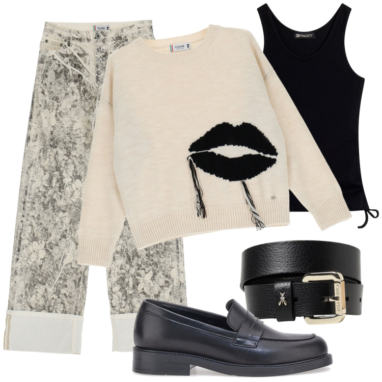 Outfit donna - Total look #1942213. Stile Trendy per Serata fuori. Abbinamento con maglieria, pantaloni a palazzo, canottiere, mocassini, cinture.