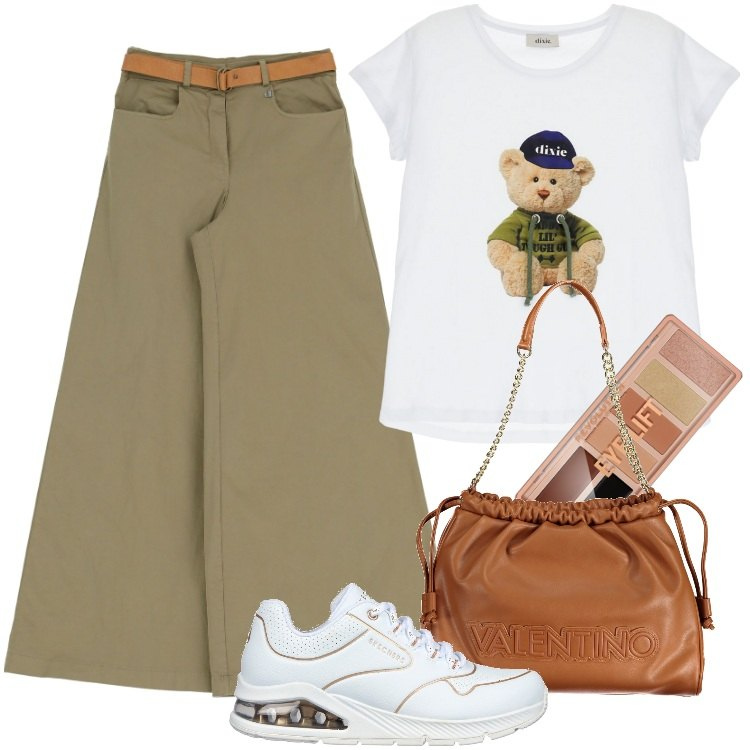 Outfit donna - Total look #1942215. Stile Urban per Tutti i giorni. Abbinamento con ombretti, pantaloni a palazzo, t-shirt, borse a spalla, sneakers.