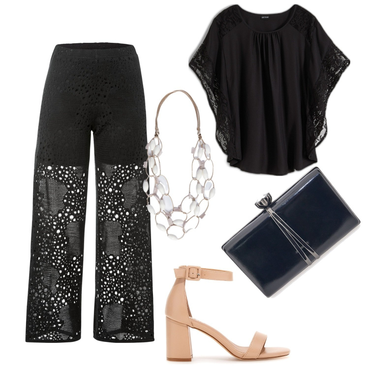 Outfit donna - Black. Stile Chic per Serata fuori. Abbinamento con pantaloni, bluse, collane, pochette, sandali col tacco.