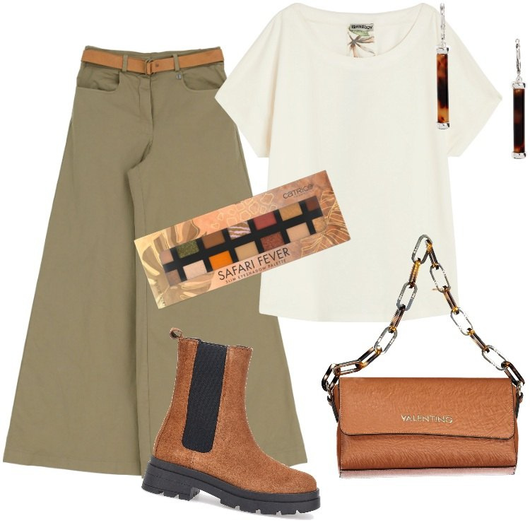 Outfit donna - Total look #1942217. Stile Urban per Ufficio. Abbinamento con ombretti, t-shirt, orecchini, pantaloni a palazzo, borse a spalla, stivaletti.