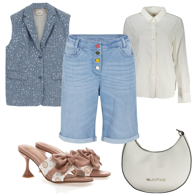 Outfit donna - Total look #1942239. Stile Trendy per Tutti i giorni. Abbinamento con bermuda, gilet, borse a spalla, camicie, ciabatte.
