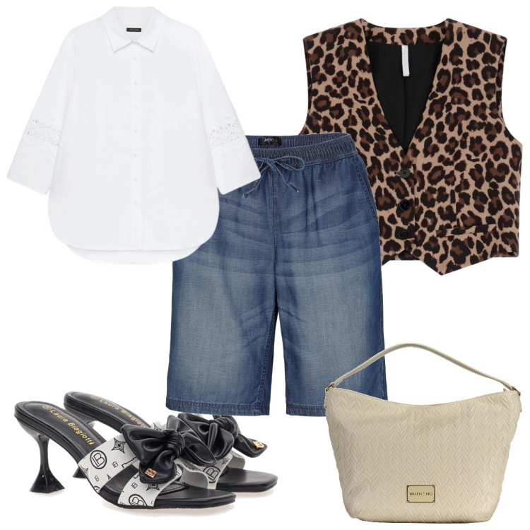 Outfit donna - Total look #1942240. Stile Trendy per Tutti i giorni. Abbinamento con bermuda, gilet, pochette, ciabatte, camicie.