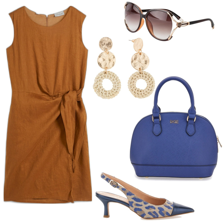 Outfit donna - Eleganza senza tempo. Stile Boho per Tutti i giorni. Abbinamento con occhiali da sole, orecchini, vestiti, décolleté, borse a mano.