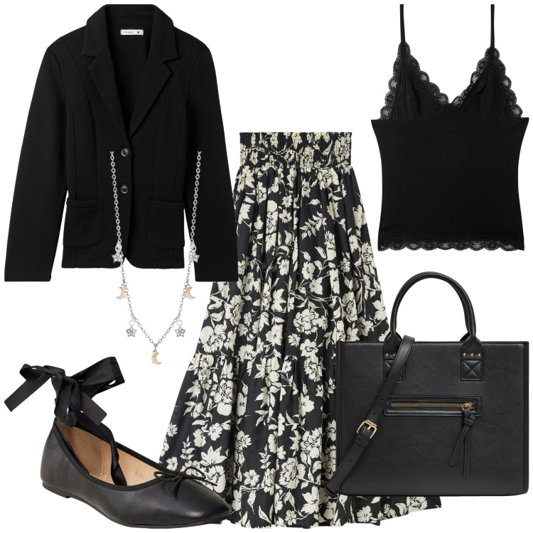 Outfit donna - Back to city. Stile Casual chic per Tutti i giorni. Abbinamento con gonne lunghe, top, blazer, shopping bag, ballerine, collane.