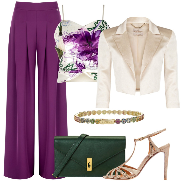 Outfit donna - La clutch verde. Stile Chic per Cerimonia. Abbinamento con braccialetti, bolero, pantaloni a palazzo, top, sandali in pelle, clutch.