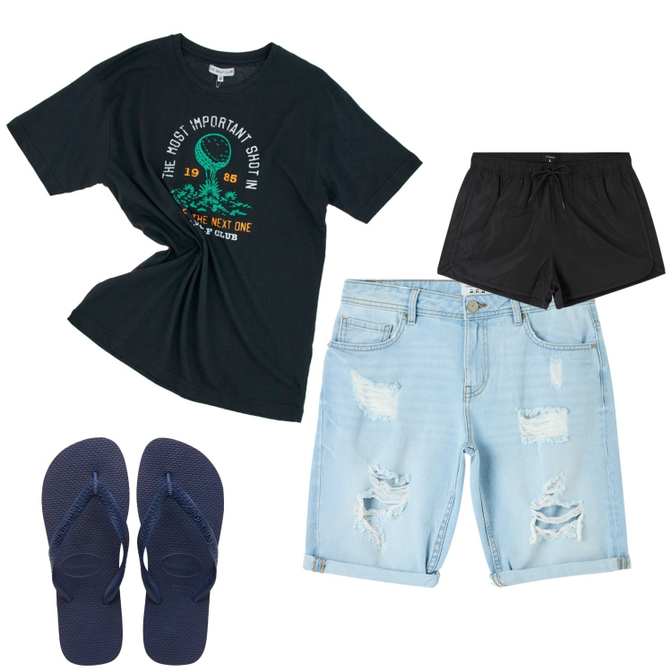Outfit uomo - Al mare. Stile Casual per Mare. Abbinamento con costumi, shorts, t-shirt, sandali.