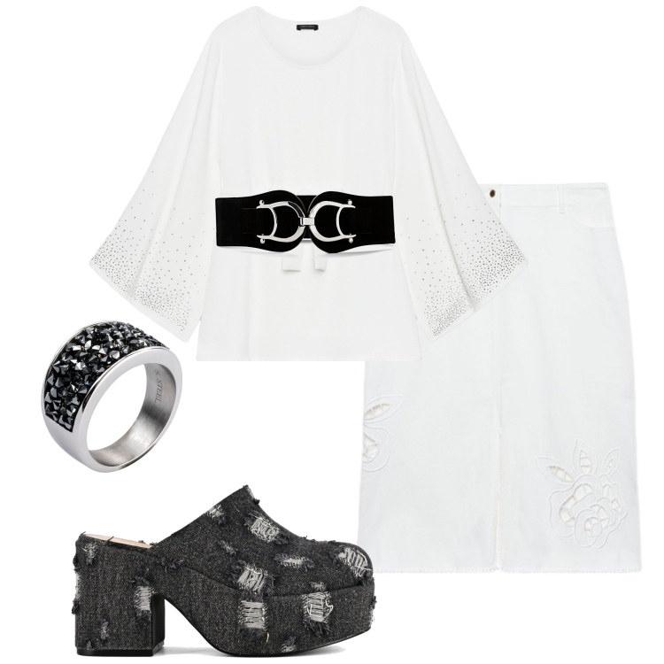 Outfit donna - Tessuti leggeri. Stile Boho per Serata fuori. Abbinamento con cinture, anelli, sabot, bluse, minigonne.