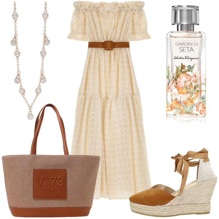 Outfit donna - Boho chic style. Stile Boho per Tutti i giorni. Abbinamento con profumi, collane, vestiti lunghi, zeppe, borse a spalla.