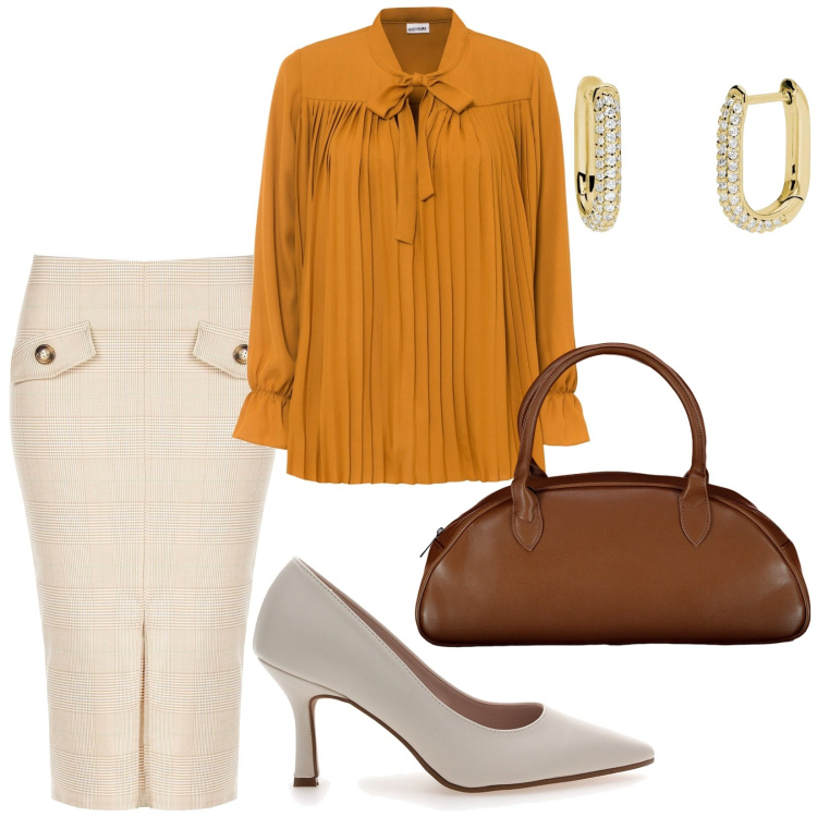 Outfit donna - Outfit per il rientro. Stile Chic per Ufficio. Abbinamento con bluse, orecchini, gonne longuette, décolleté, borse a spalla.