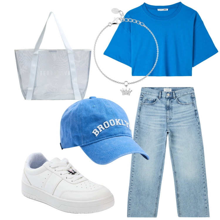 Outfit donna - Rientro in città. Stile Casual per Tutti i giorni. Abbinamento con cappelli, t-shirt, sneakers, shopping bag, jeans dritti, braccialetti con ciondoli.