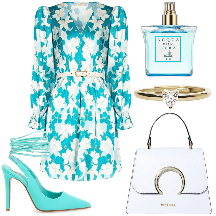 Outfit donna - Abito leggero e floreale. Stile Bon Ton per Serata fuori. Abbinamento con profumi, borse a spalla, anelli, vestiti corti, décolleté.