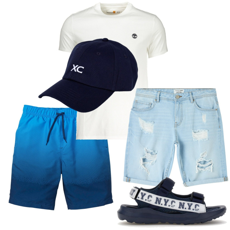 Outfit uomo - Total look #1942282. Stile Casual per Mare. Abbinamento con costumi, shorts, sandali, cappelli, t-shirt.