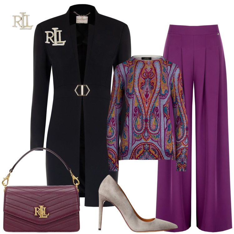 Outfit donna - Promozione in ufficio. Stile Chic per Ufficio. Abbinamento con cappotti, pantaloni a palazzo, orecchini, maglieria, décolleté, borse a tracolla.