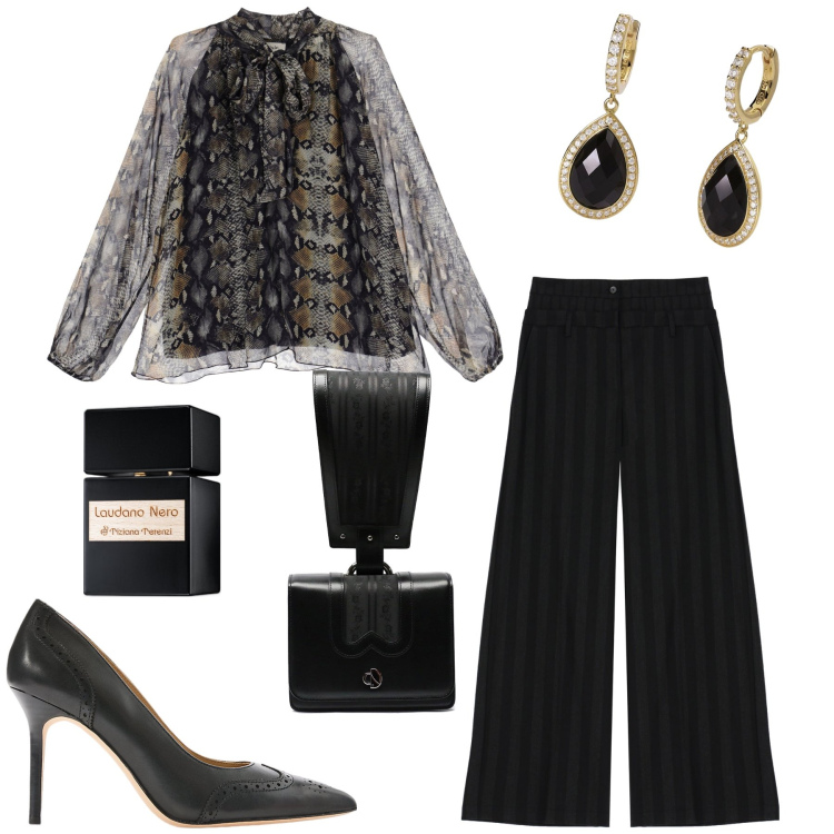 Outfit donna - Total look. Stile Chic per Serata fuori. Abbinamento con profumi, orecchini, pantaloni, décolleté, camicie, borse a mano.