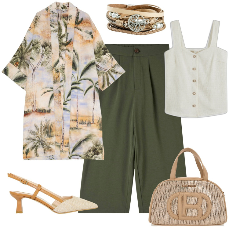 Outfit donna - Spolverino. Stile Etnico per Tutti i giorni. Abbinamento con braccialetti, top, pantaloni a palazzo, sandali col tacco, trench, borse a mano.