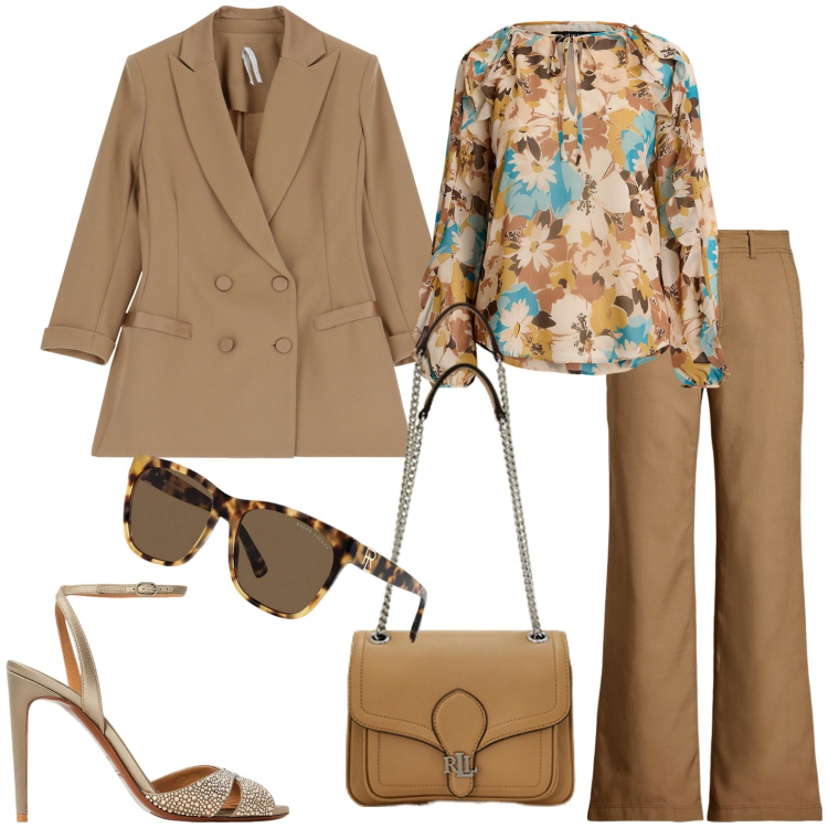 Outfit donna - Total look #1942342. Stile Casual chic per Serata fuori. Abbinamento con blazer, borse a spalla, pantaloni, camicie, sandali col tacco, occhiali da sole.