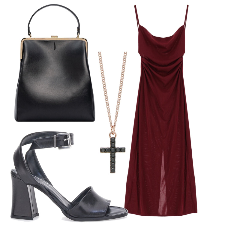 Outfit donna - Total look #1942349. Stile Chic per Serata fuori. Abbinamento con borse a spalla, collane, vestiti midi/longuette, sandali in pelle.