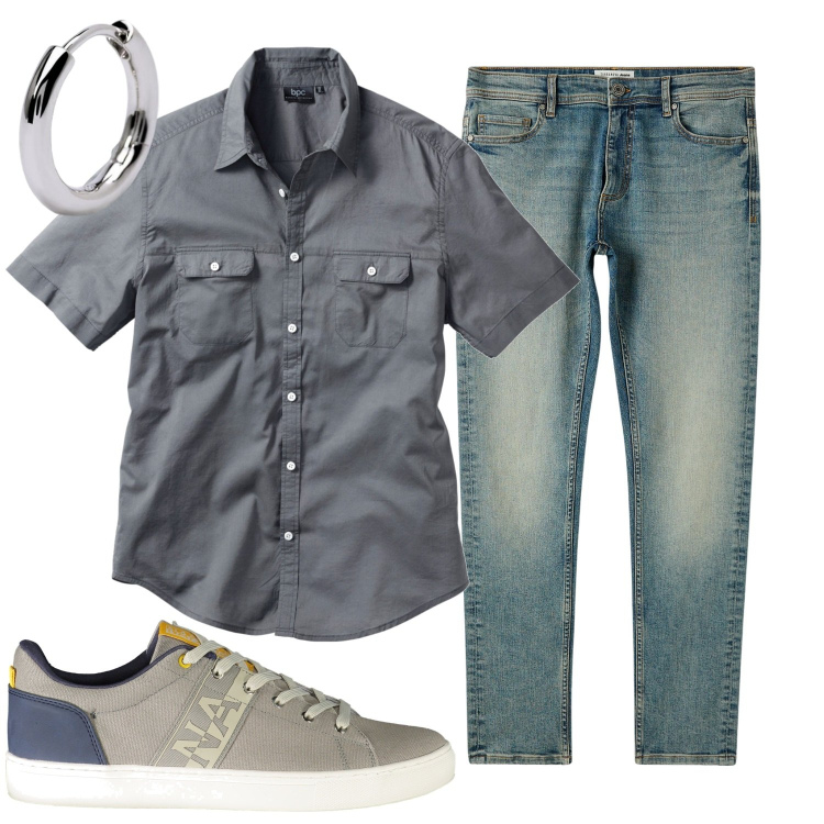 Outfit uomo - Total look #1942360. Stile Casual per Tutti i giorni. Abbinamento con camicie a manica corta, jeans skinny, orecchini, sneakers.