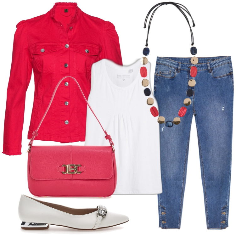 Outfit donna - La collana colorata. Stile Casual per Tutti i giorni. Abbinamento con top, blazer, ballerine, borse a spalla, collane, jeans strappati.