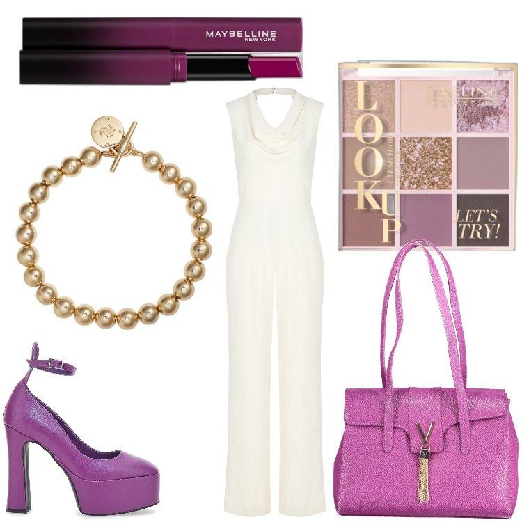 Outfit donna - Un invito il 19 Agosto. Stile Chic per Serata fuori. Abbinamento con ombretti, rossetti, tute, braccialetti, borse a spalla, décolleté.