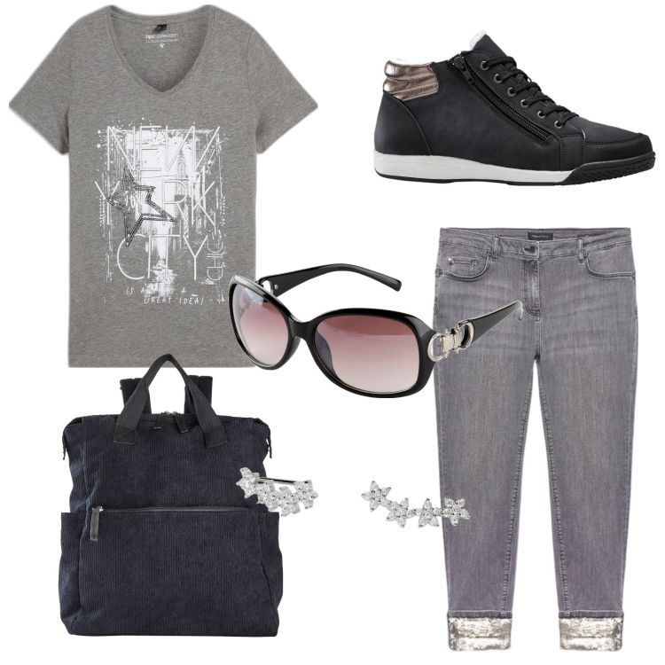 Outfit donna - T-shirt e jeans. Stile Casual per Tutti i giorni. Abbinamento con sneakers alte, zaini, t-shirt, occhiali da sole, orecchini, jeans skinny.