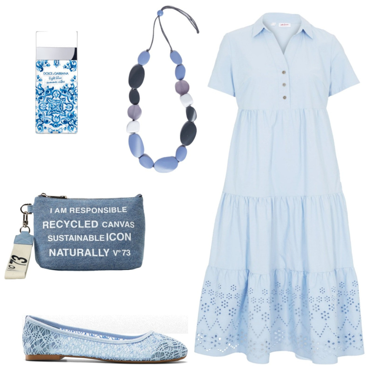 Outfit donna - Total look #1942368. Stile Casual per Tutti i giorni. Abbinamento con vestiti, ballerine, profumi, borse a tracolla, collane.